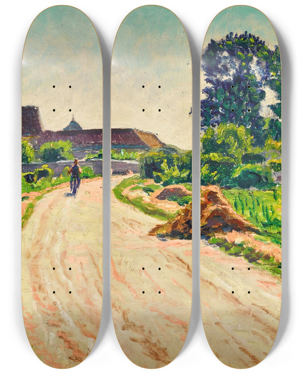 Triptych art skateboard deck of Gustave Cariot Le Chemin Mandres by Gustave Cariot (1872-1950)