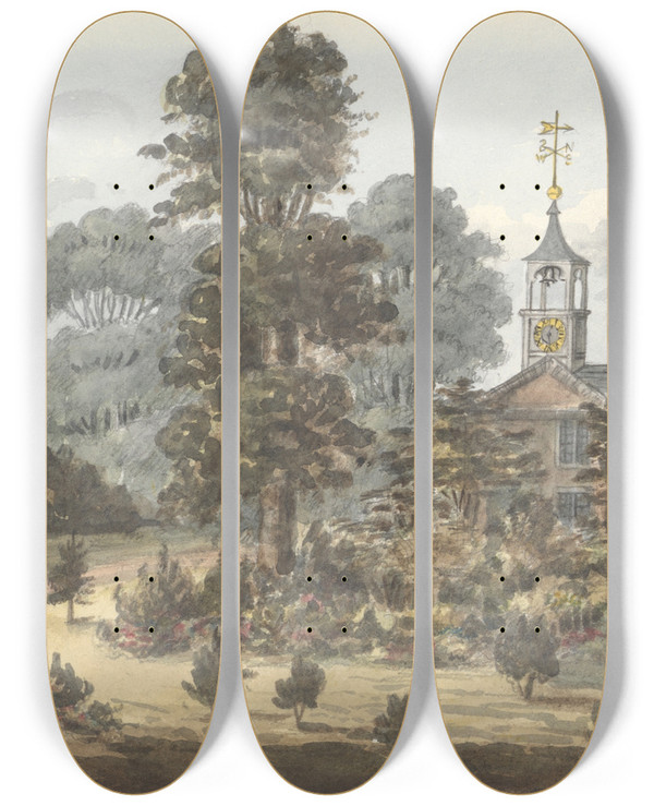 Triptych art skateboard deck of Anne Rushout From Portico At Wanstead Grove May 24 1825 by Anne Rushout (1767-1849)