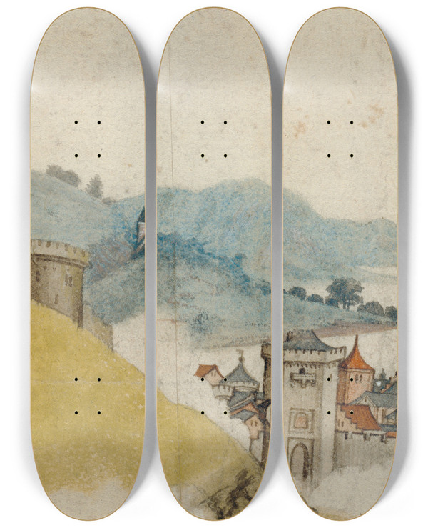 Triptych art skateboard deck of Workshop Of Master Lcz View Of A Walled City In A River Landscape by Workshop of Master LCz (1480-1505)