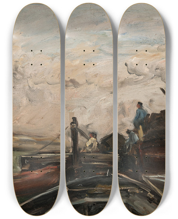 Triptych art skateboard deck of Charles Franois Daubigny Barges On A River by Charles Francois Daubigny (1817-1878)