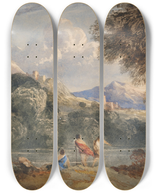 Triptych art skateboard deck of Francis Oliver Finch Classical Landscape With Figures by Francis Oliver Finch (1802-1862)