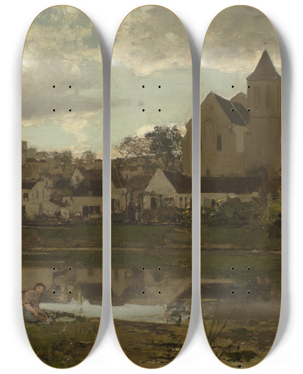 Triptych art skateboard deck of Jacob Maris View At Montignysurloing by Jacob Maris (1837-1899)