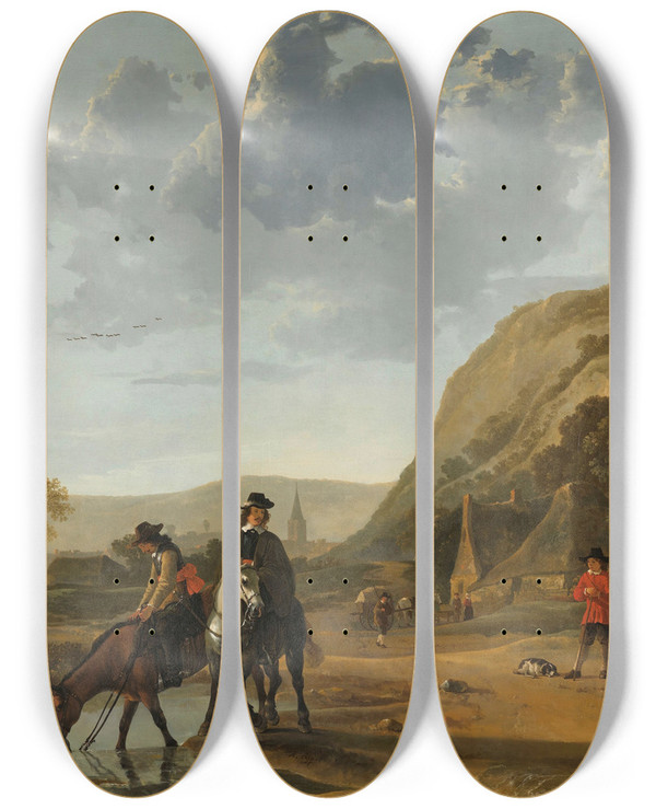 Triptych art skateboard deck of Aelbert Cuyp River Landscape With Riders by Aelbert Cuyp (1620-1691)