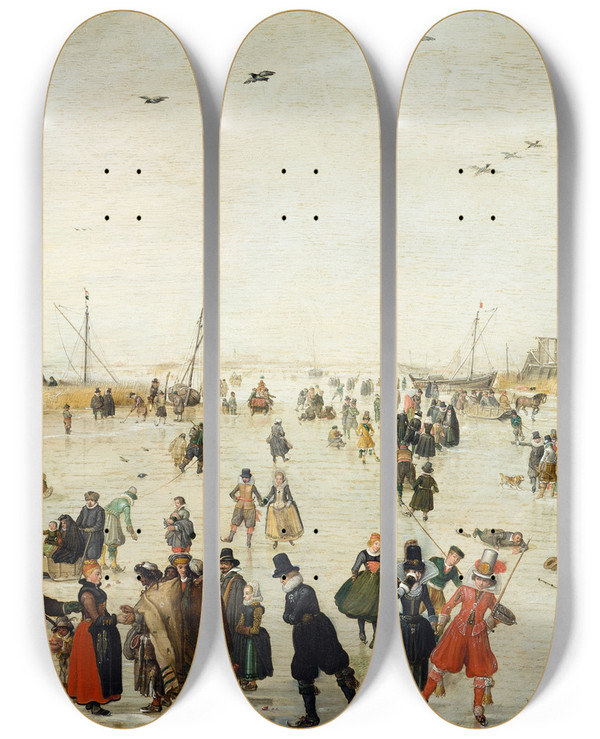 Triptych art skateboard deck of Hendrick Avercamp Winter Scene On A Frozen Canal by Hendrick Avercamp (1585-1634)