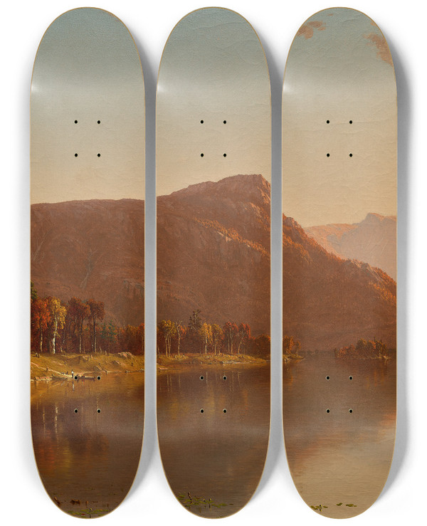 Triptych art skateboard deck of Sanford Robinson Gifford A Home In The Wilderness by Sanford Robinson Gifford (1823-1880)