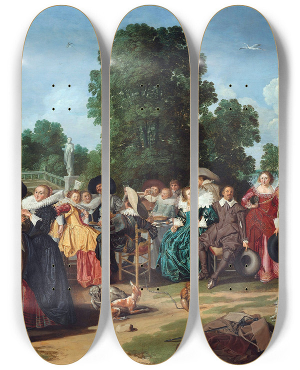 Triptych art skateboard deck of Dirck Hals The Fte Champtre by Dirck Hals (1591-1656)