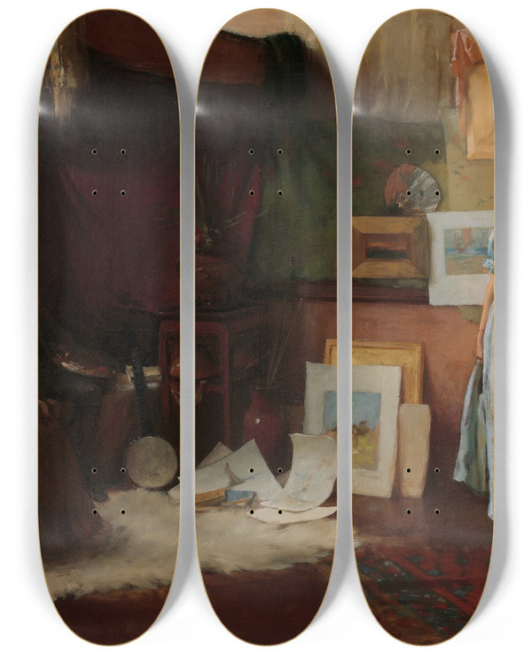 Triptych art skateboard deck of Charles Courtney Curran Fair Critics by Charles Courtney Curran (1861-1942)
