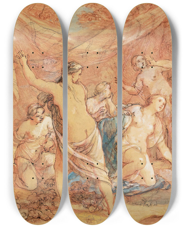 Triptych art skateboard deck of Charlesjoseph Natoire Diana And Actaeon by Charles Joseph Natoire (1700-1777)