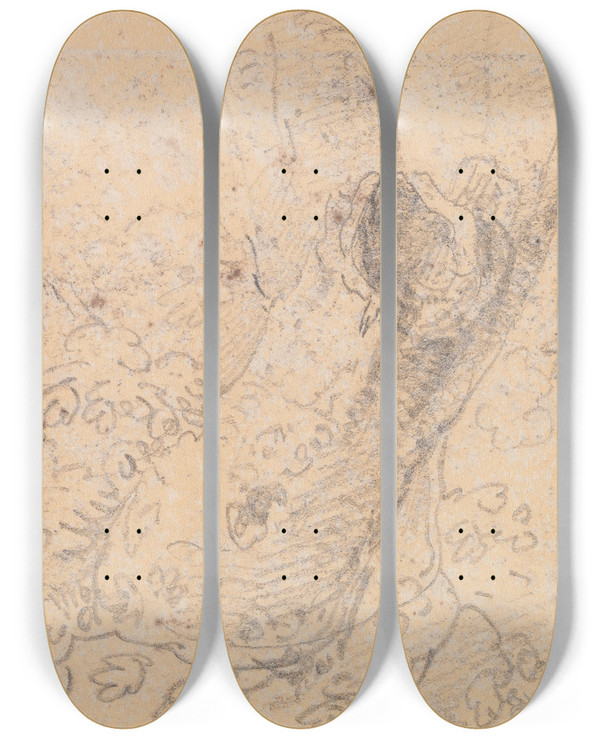 Triptych art skateboard deck of Thomas Hastings Sketch Of A Hollow Tree Trunk by Thomas Hastings (1778-1854)
