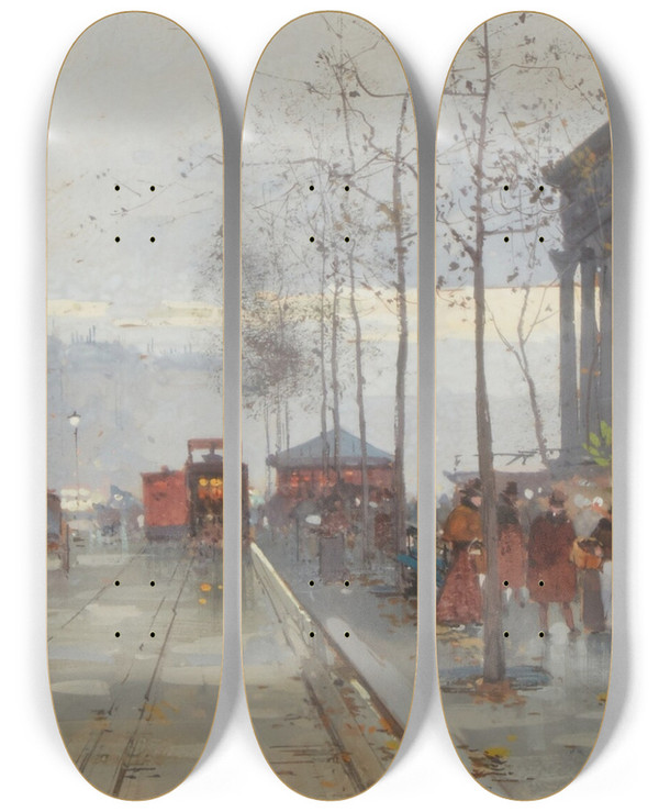 Triptych art skateboard deck of Eugne Galienlaloue Le March Aux Fleurs De La Madeleine by Eugene Galien Laloue (1854-1941)