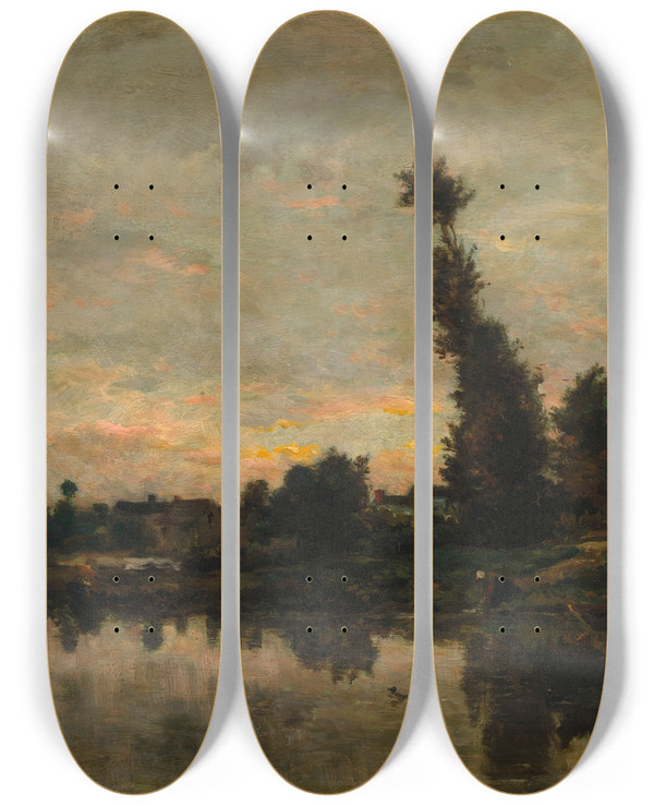 Triptych art skateboard deck of Charles Franois Daubigny Sunset On The River Oise by Charles Francois Daubigny (1817-1878)