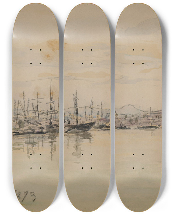 Triptych art skateboard deck of Johan Barthold Jongkind Le Port De Marseille by Johan Barthold Jongkind (1819-1891)