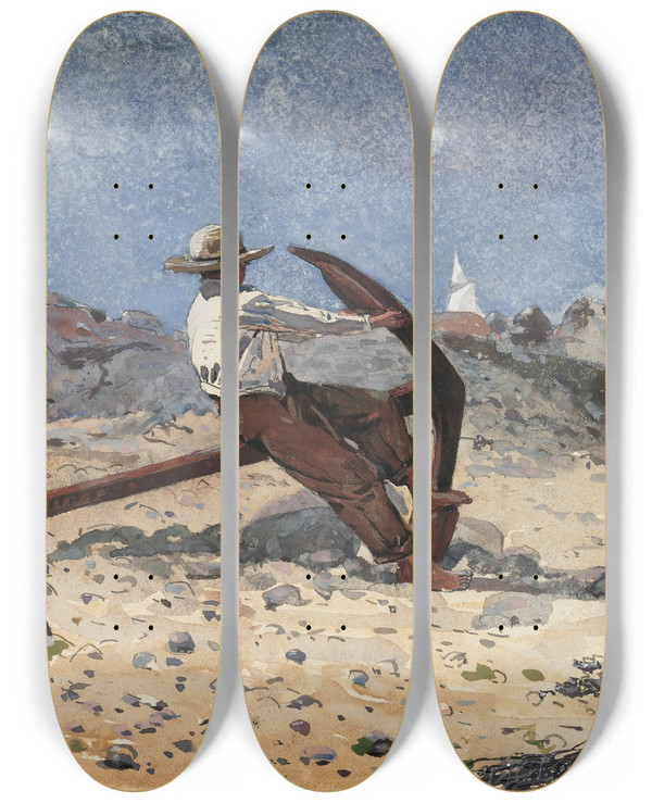 Triptych art skateboard deck of Winslow Homer Boy With Anchor by Winslow Homer (1836-1910)