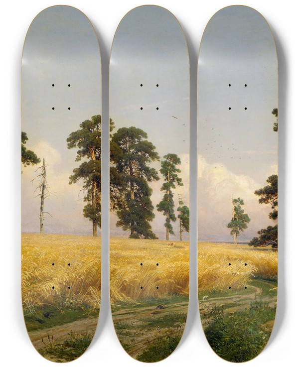 Triptych art skateboard deck of Ivan Ivanovich Shishkin Rye Fields by Ivan Ivanovich Shishkin (1832-1898)