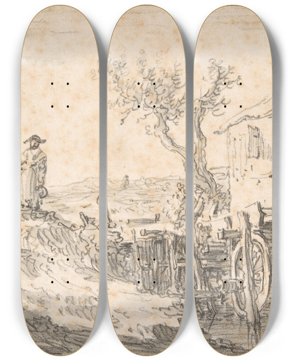 Triptych art skateboard deck of Jan Van Goyen The Water Mill by Jan Van Goyen (1596-1656)