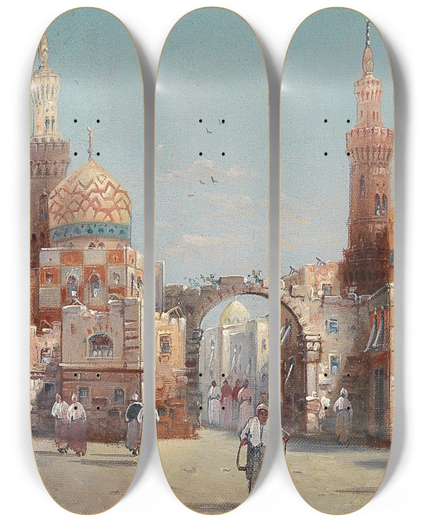 Triptych art skateboard deck of Karl Kaufmann Hustle And Bustle In An Oriental City by Karl Kaufmann (1843-1905)
