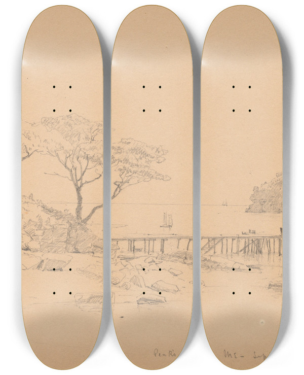 Triptych art skateboard deck of Sanford Robinson Gifford Sketchbook Page 20 Peaks Island Me Sept 7Th 59 by Sanford Robinson Gifford (1823-1880)