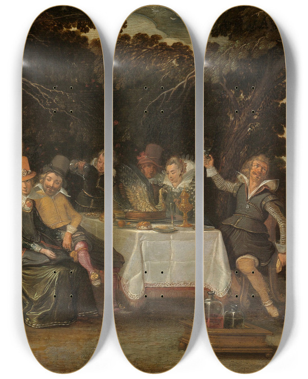 Triptych art skateboard deck of Esaias Van De Velde An Openair Party by Esaias van de Velde (1587-1630)
