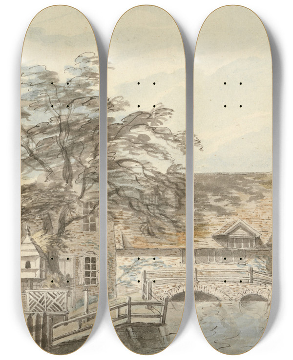 Triptych art skateboard deck of Thomas Stowers Mill At Load Water by Thomas Stowers