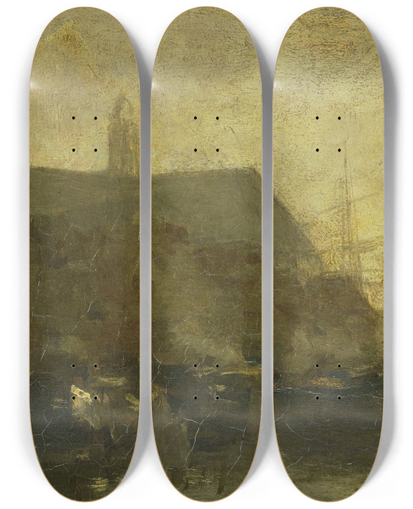 Triptych art skateboard deck of Jacob Maris Schepen In De Haven Van Dordrecht by Jacob Maris (1837-1899)