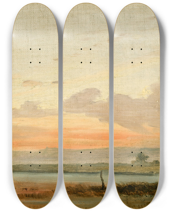 Triptych art skateboard deck of Jrgen Sonne Landscape With Evening Sky by Jorgen Sonne (1801-1890)