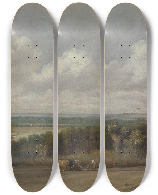 Triptych art skateboard deck of John Constable Ploughing Scene In Suffolk by John Constable (1776-1837)