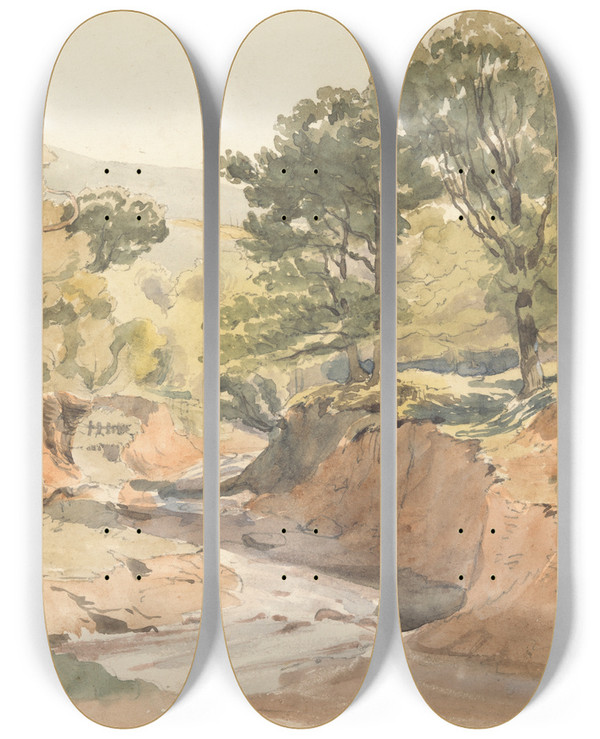 Triptych art skateboard deck of Thomas Creswick Landscape View At Powerscourt by Thomas Creswick (1811-1869)