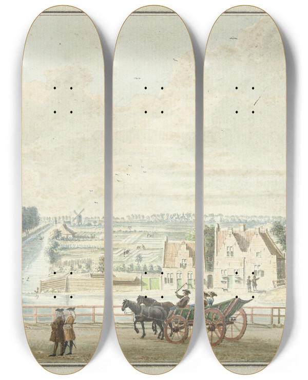 Triptych art skateboard deck of Jan De Beijer Gezicht Van De Wal Bij De Catharijnepoort Te Utrecht by Jan de Beijer (1703-1780)