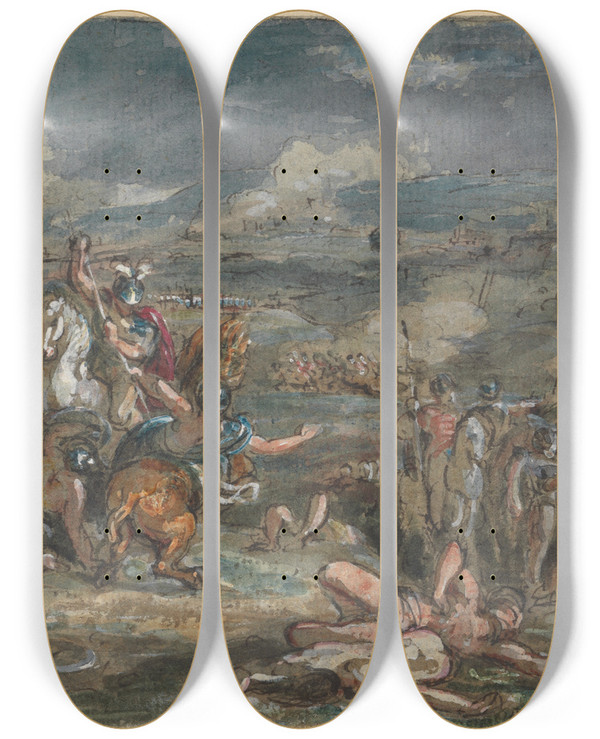 Triptych art skateboard deck of Robert Smirke Battle Scene by Robert Smirke (1752-1845)