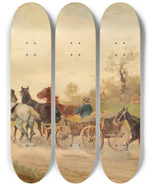 Triptych art skateboard deck of Alfred Steinacker Ungarisches Marktfuhrwerk_2 by Alfred Steinacker (1838-1914)