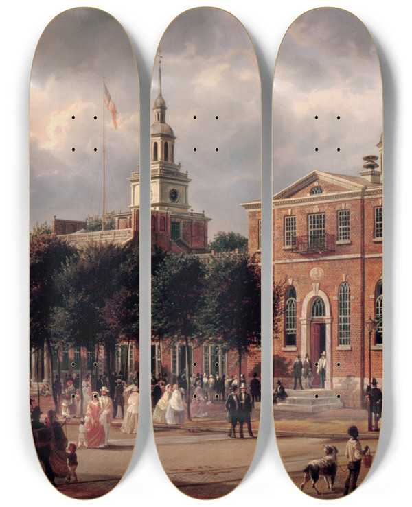 Triptych art skateboard deck of Ferdinand Richardt Independence Hall In Philadelphia by Ferdinand Richardt (1819-1895)