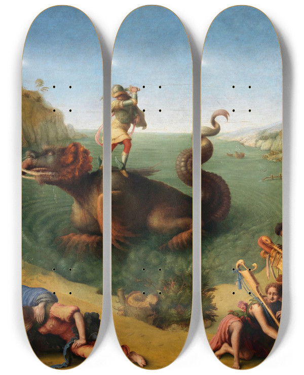Triptych art skateboard deck of Piero Di Cosimo Perseus Frees Andromeda by Piero di Cosimo (1462-1521)