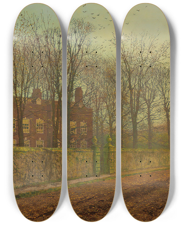 Triptych art skateboard deck of John Atkinson Grimshaw The Rookery by John Atkinson Grimshaw (1836-1893)
