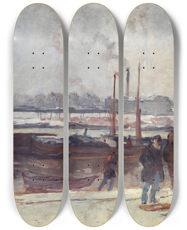 Triptych art skateboard deck of Auguste Louis Lepre La Seine Au Quai Dausterlitz Effet De Neige by Auguste Louis Lepere (1849-1918)