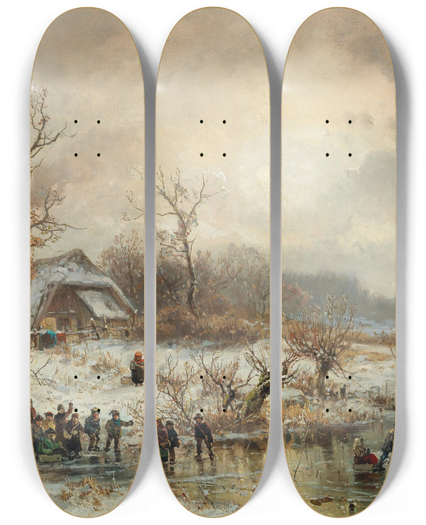 Triptych art skateboard deck of Adolf Stademann Winter Amusements In The Setting Sun by Adolf Stademann (1824-1895)