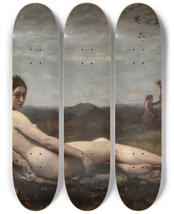 Triptych art skateboard deck of Jeanbaptistecamille Corot The Repose by Jean-Baptiste-Camille Corot (1796-1875)