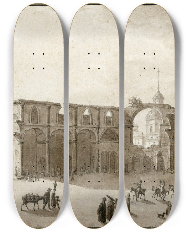 Triptych art skateboard deck of Otto Howen Het Marktplein Te Saragossa by Otto Howen (1774-1848)