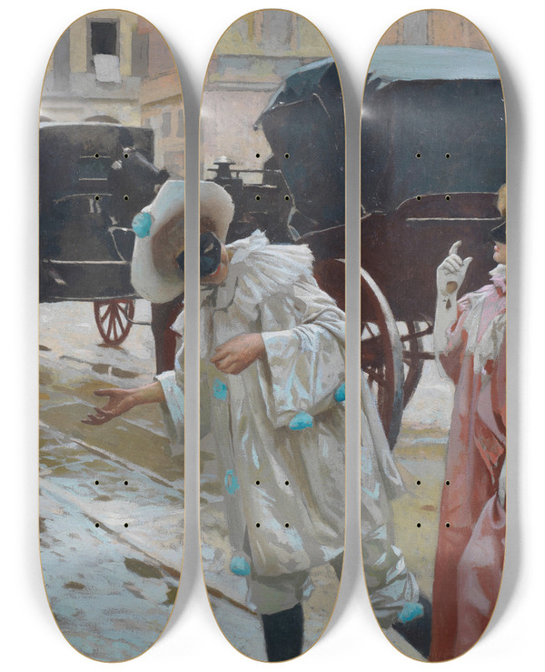 Triptych art skateboard deck of Arnaldo Ferraguti Carnival Piazza Della Scala Milan by Arnaldo Ferraguti (1862-1925)