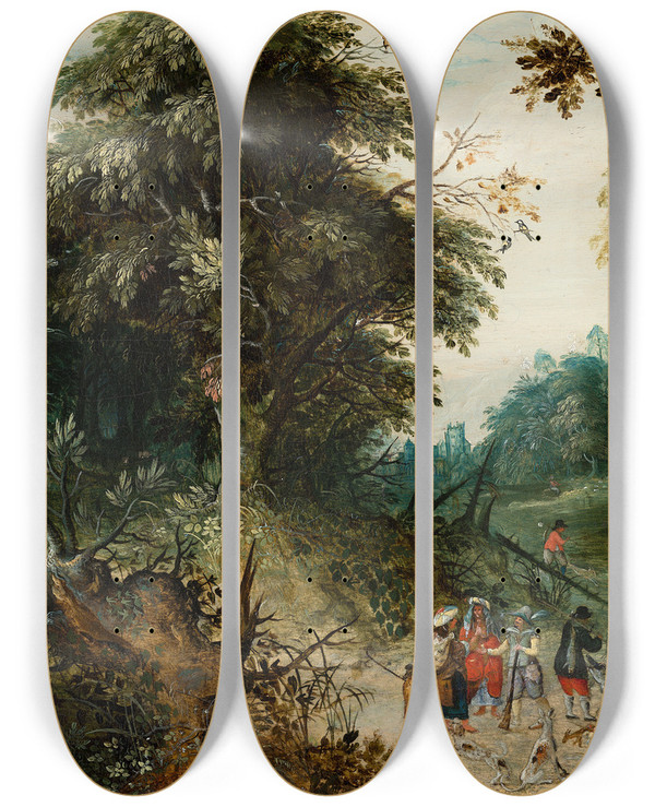 Triptych art skateboard deck of Abraham Govaerts Forest View With Travellers by Abraham Govaerts (1589-1626)