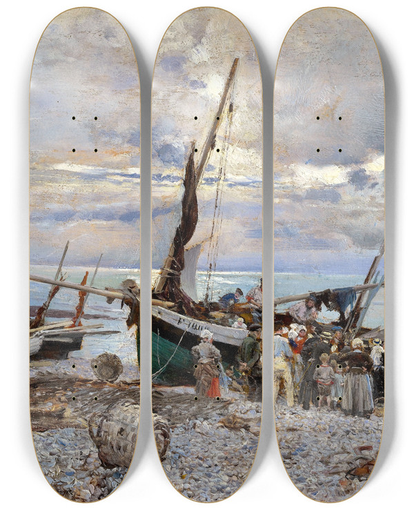 Triptych art skateboard deck of Giovanni Boldini Return Of The Fishing Boats Tretat by Giovanni Boldini (1842-1931)