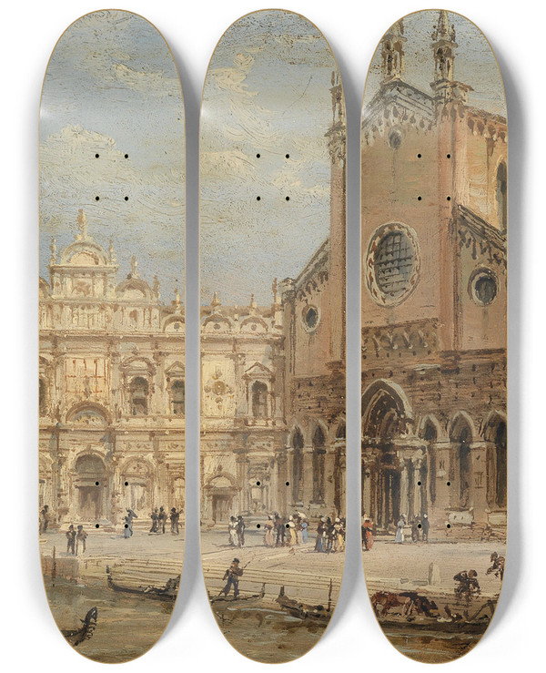 Triptych art skateboard deck of Giovanni Grubacs Venedig Piazza San Giovanni E Paolo by Giovanni Grubacs (1829-1919)
