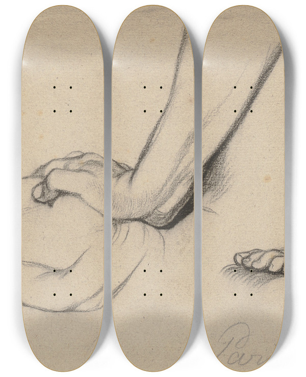 Triptych art skateboard deck of Victor Mller Zwei Aufgesttzte Rechte Hnde Und Ein Linker Fu by Victor Muller (1829-1871)