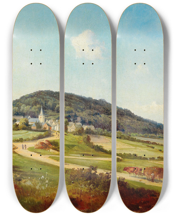 Triptych art skateboard deck of Friedrich Zeller Blick Auf Aremberg by Friedrich Zeller (1817-1896)