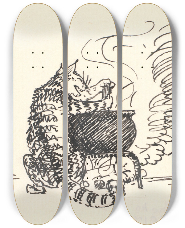 Triptych art skateboard deck of Niels Skovgaard Den Tykke Kat_3 by Niels Skovgaard (1858-1938)
