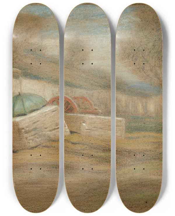 Triptych art skateboard deck of Elihu Vedder Roadside Figure And Umbrella by Elihu Vedder (1836-1923)