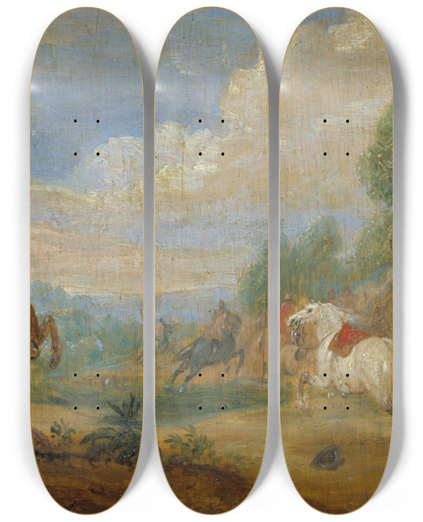 Triptych art skateboard deck of Adam Frans Van Der Meulen Cavalry Skirmish by Adam Frans van der Meulen (1632-1690)