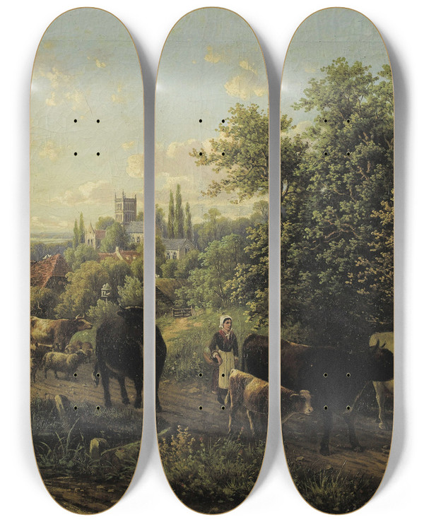 Triptych art skateboard deck of Josef Wenglein Landscape With Cattle by Josef Wenglein (1845-1919)