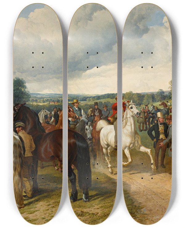 Triptych art skateboard deck of John Frederick Herring Snr A Horse Fair On Southborough Common_1 by John Frederick Herring Snr (1795-1865)