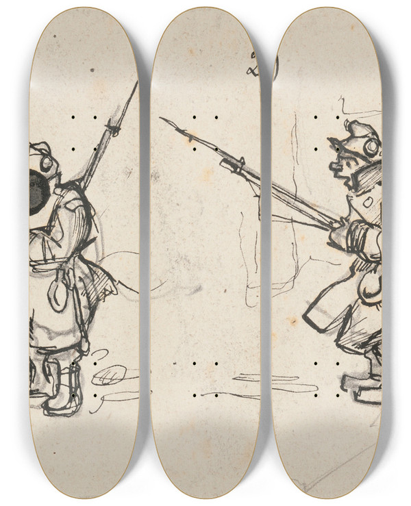 Triptych art skateboard deck of Ivan Ivanec Karykatura Dwaj Onierze Austriaccy by Ivan Ivanec (1893-1946)