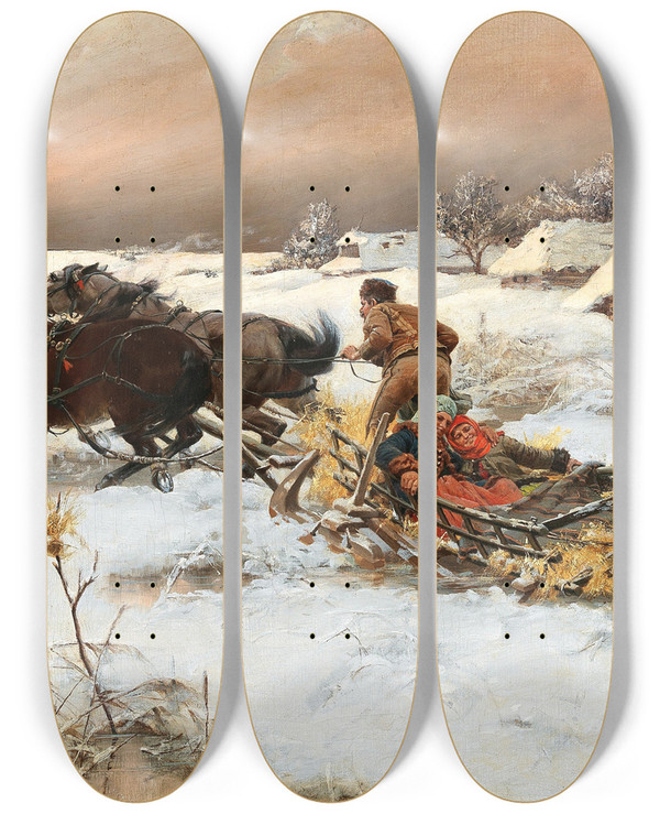 Triptych art skateboard deck of Jaroslav Vn A Sleigh Ride In Winter by Jaroslav Vesin (1860-1915)